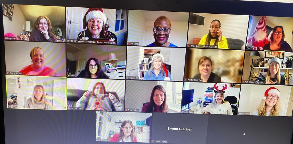 Image shows a group of 16 women, some looking festive - an example of a supportive business community.